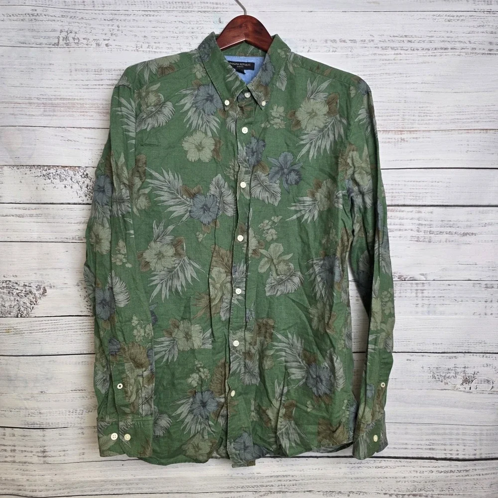 Banana Republic Slim Fit Floral Linen Cotton Button Down Long‎ Sleeve Shirt XL